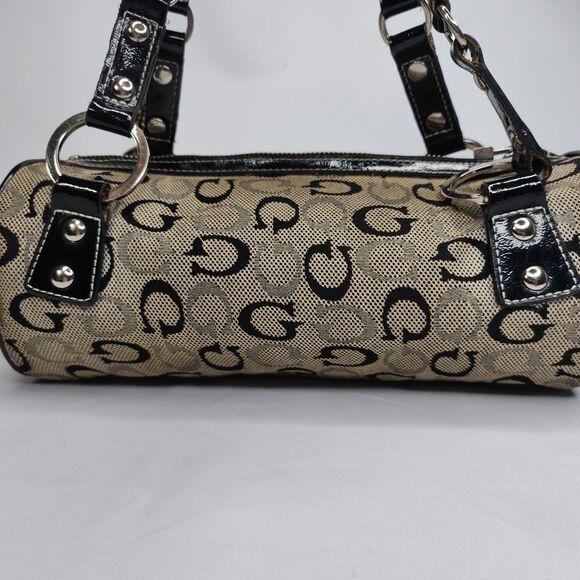 Guess Monogram Barrel Bag Satchel G Logo Canvas Black Patent Trim Purse Y2K - Picture 5 of 11